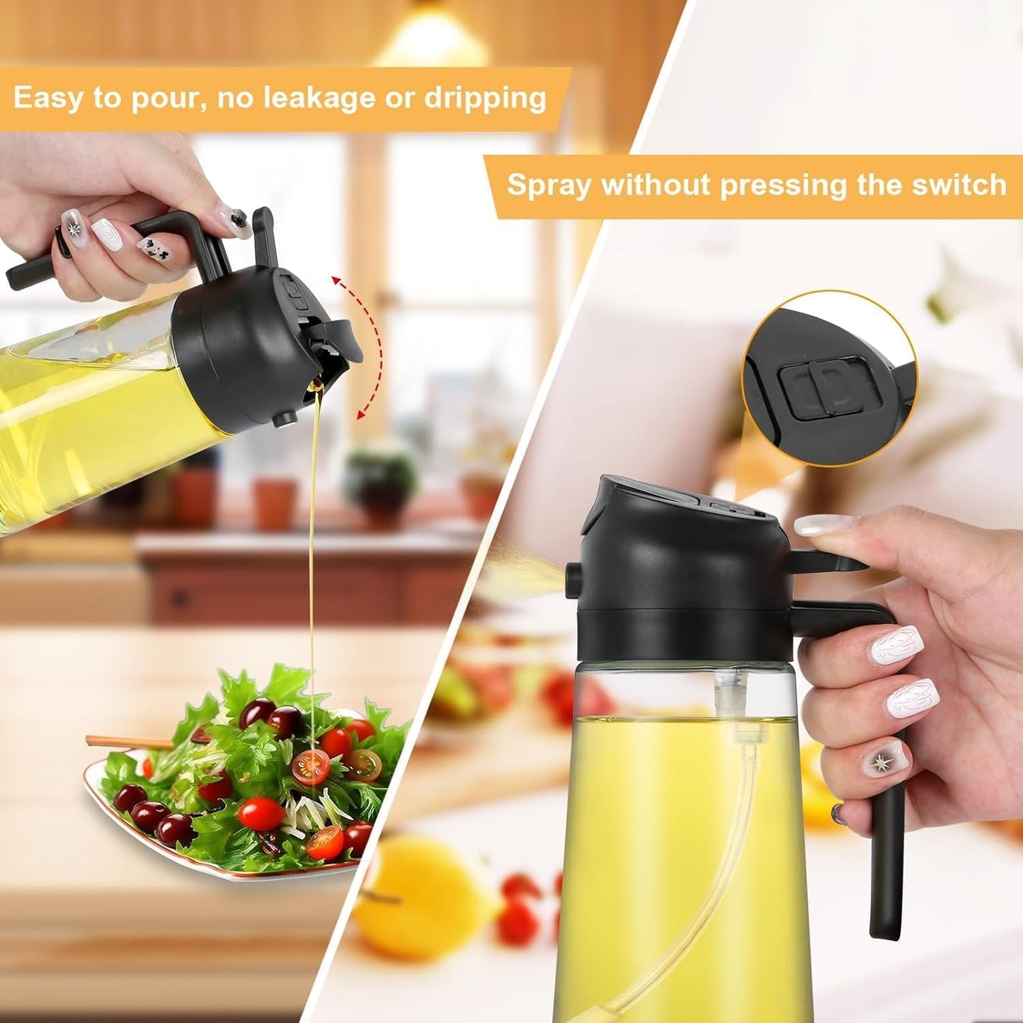 2-in-1 Oil Dispenser and Sprayer with Handle, Leak-Proof Glass Oil Dispenser Spray Bottle