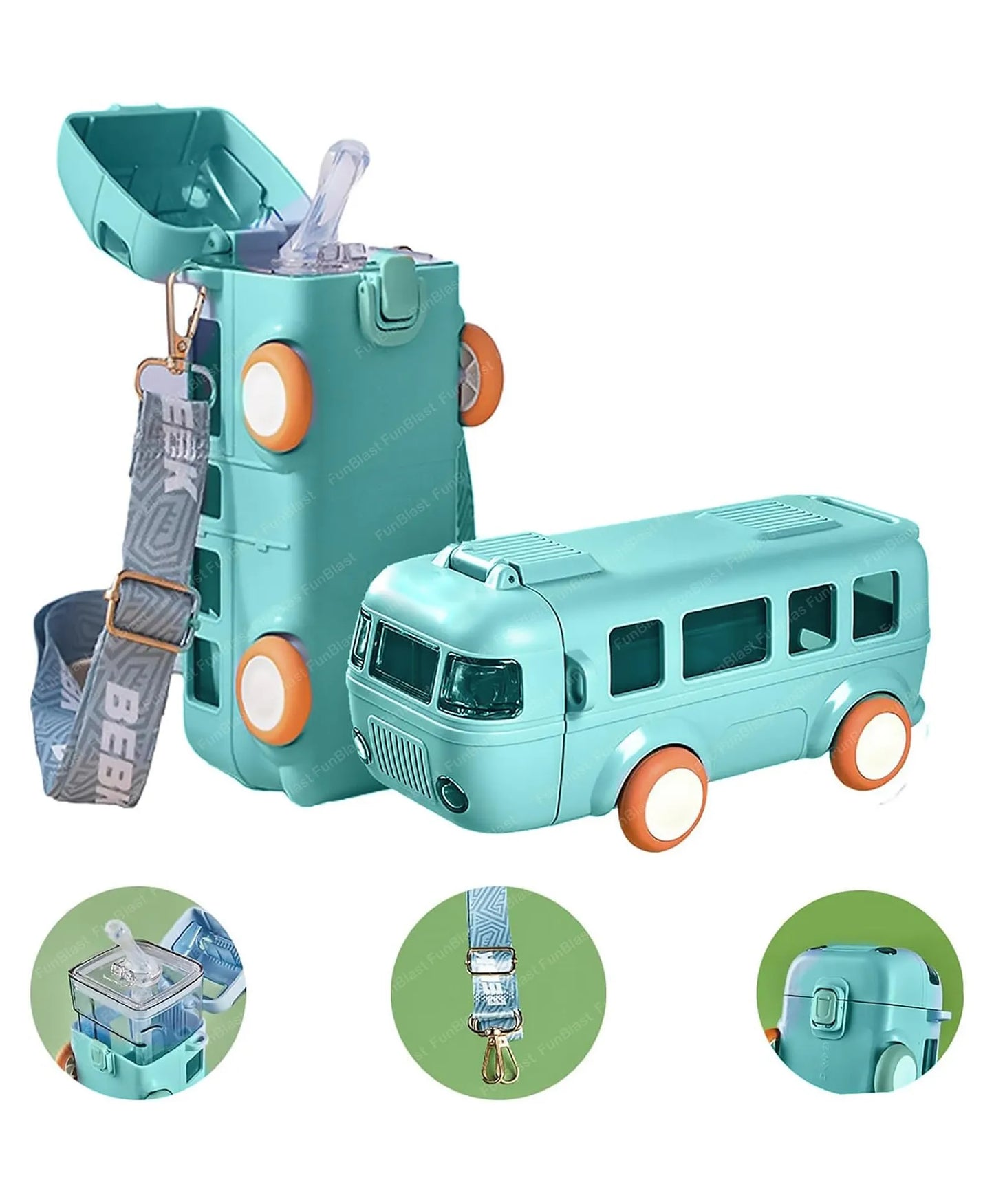 Bus Water Bottle For Kids With Strap, Sipper, & Straw, Leakproof 500 Ml