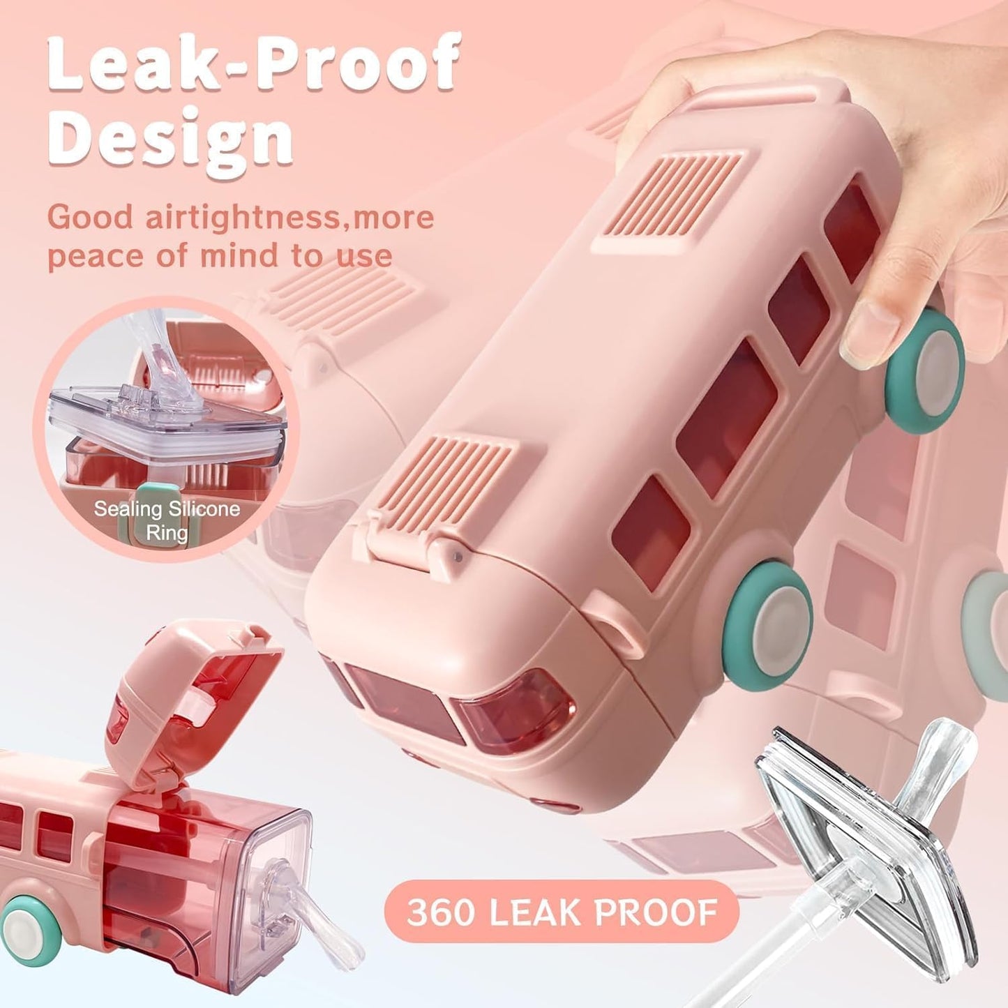 Bus Water Bottle For Kids With Strap, Sipper, & Straw, Leakproof 500 Ml