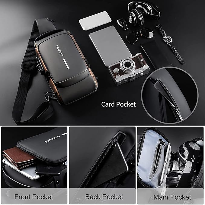 Crossbody Sling Bag For Men Women, Anti-Theft Fashion Chest Bag with USB Charging Port, Waterproof Shoulder Bag