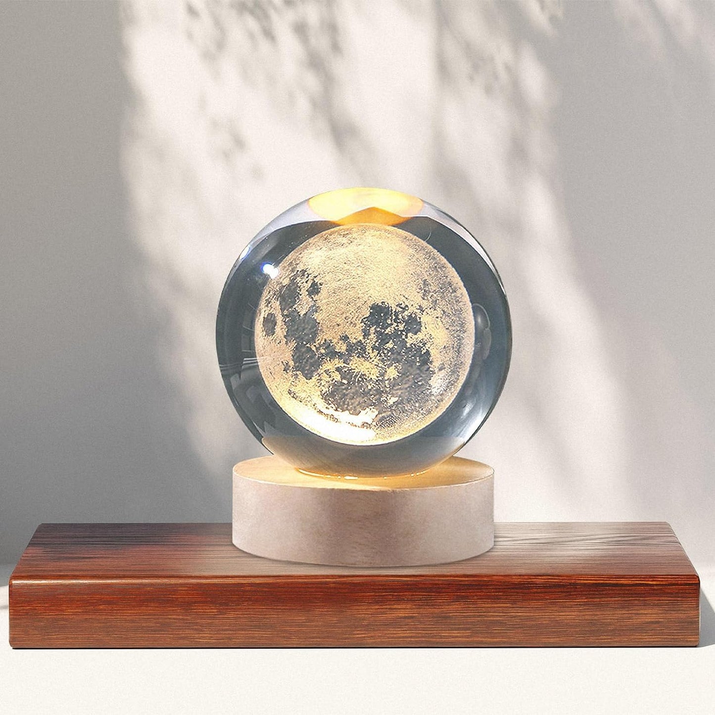 Glowing Crystal Ball 3D Inner Carved Small Crystal Ball Light with Wood Base, Decorative Creative