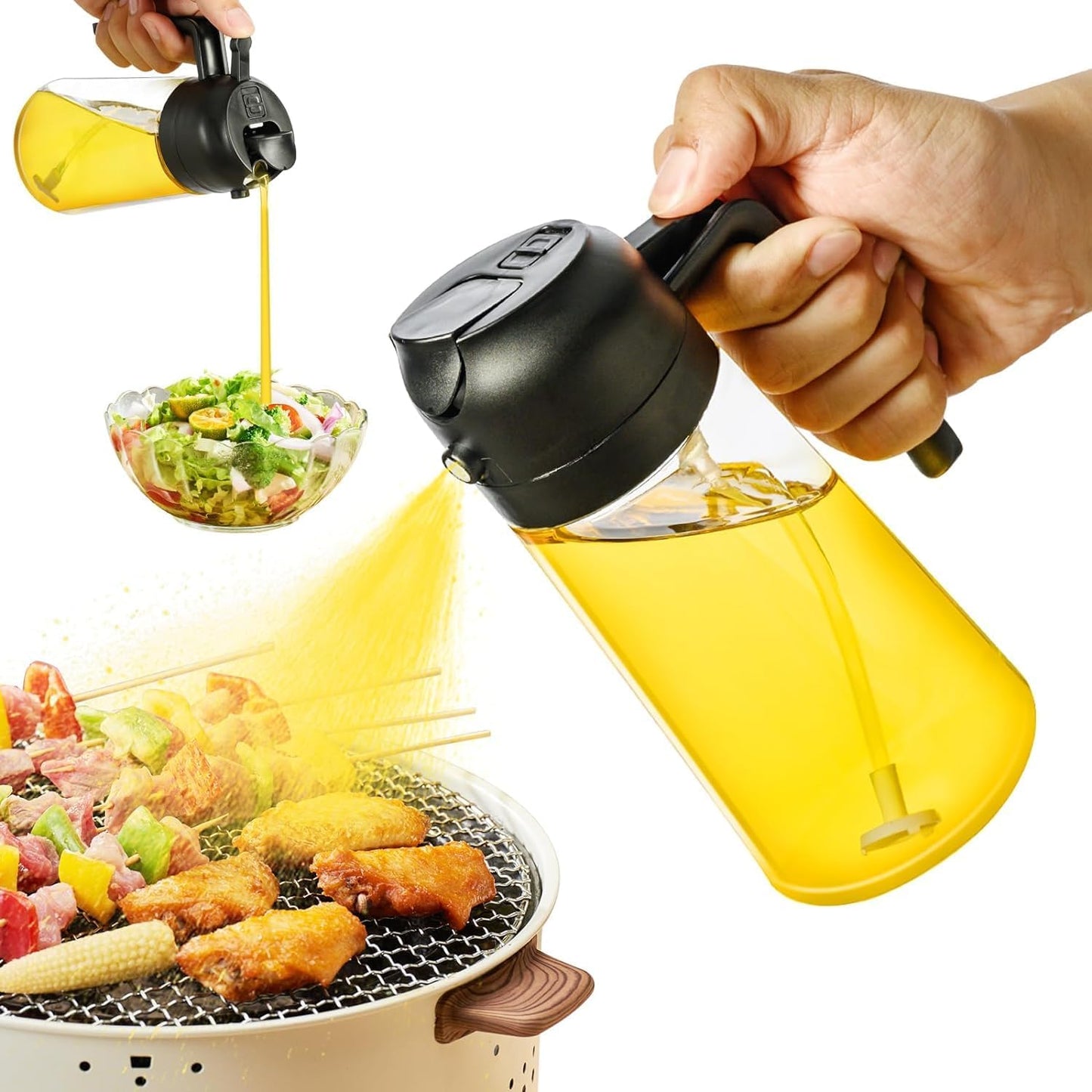 2-in-1 Oil Dispenser and Sprayer with Handle, Leak-Proof Glass Oil Dispenser Spray Bottle