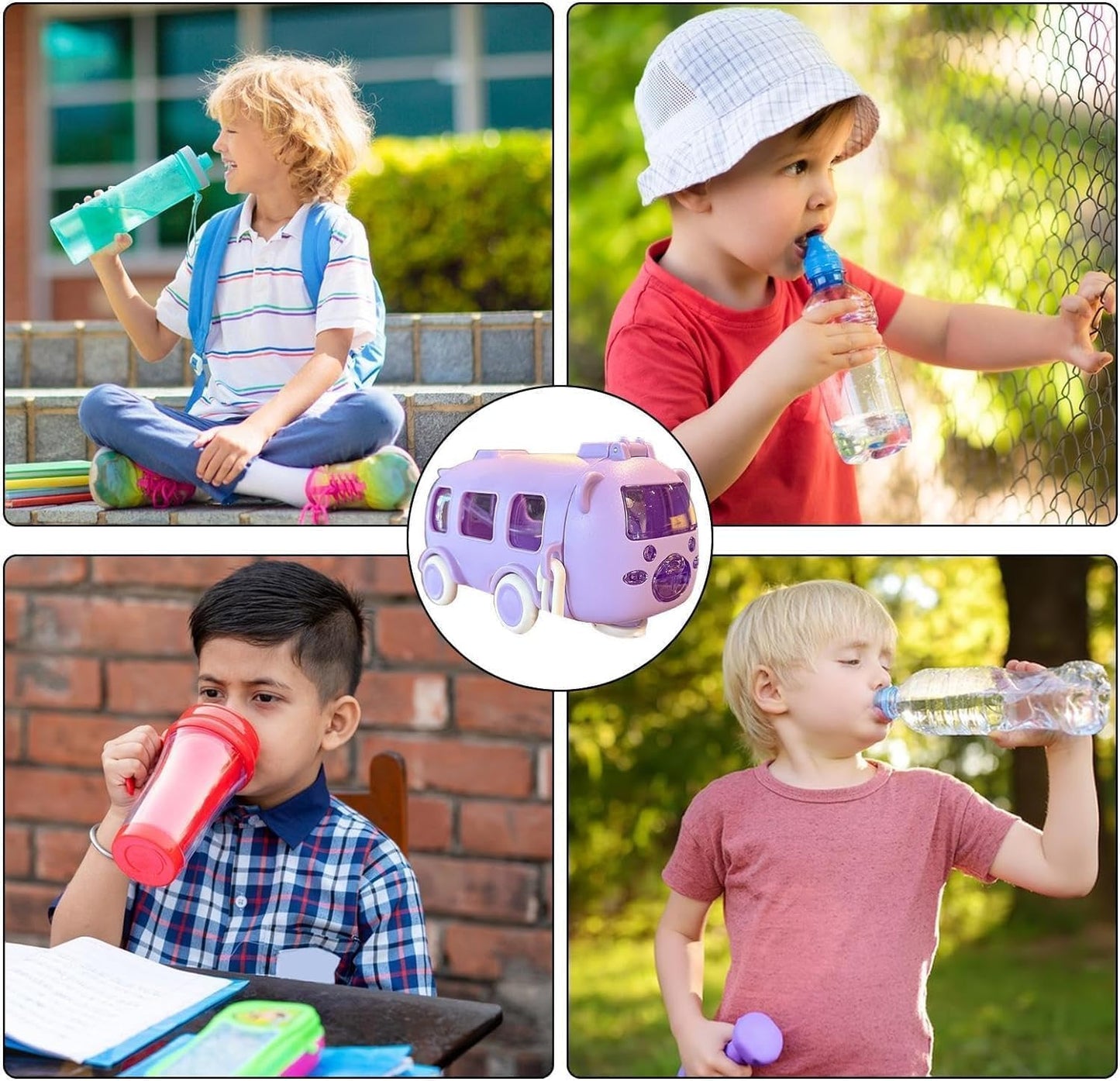 Bus Water Bottle For Kids With Strap, Sipper, & Straw, Leakproof 500 Ml