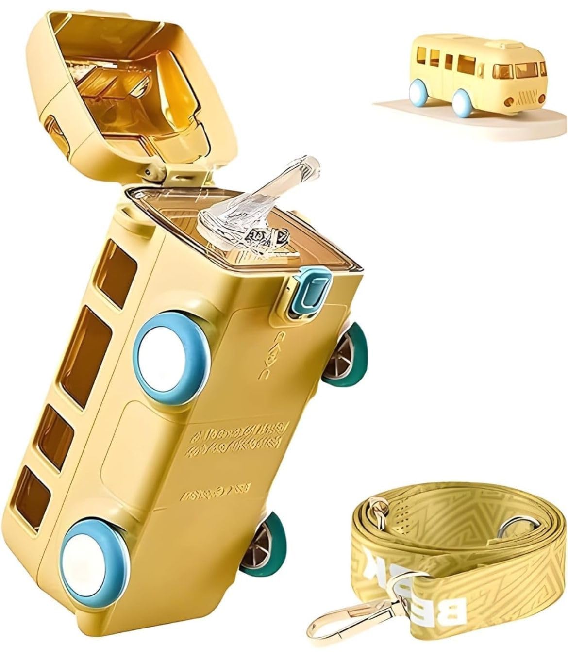 Bus Water Bottle For Kids With Strap, Sipper, & Straw, Leakproof 500 Ml