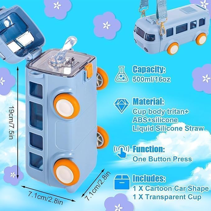 Bus Water Bottle For Kids With Strap, Sipper, & Straw, Leakproof 500 Ml