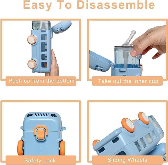 Bus Water Bottle For Kids With Strap, Sipper, & Straw, Leakproof 500 Ml