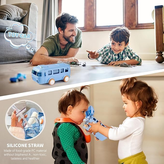 Bus Water Bottle For Kids With Strap, Sipper, & Straw, Leakproof 500 Ml