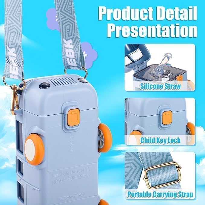 Bus Water Bottle For Kids With Strap, Sipper, & Straw, Leakproof 500 Ml