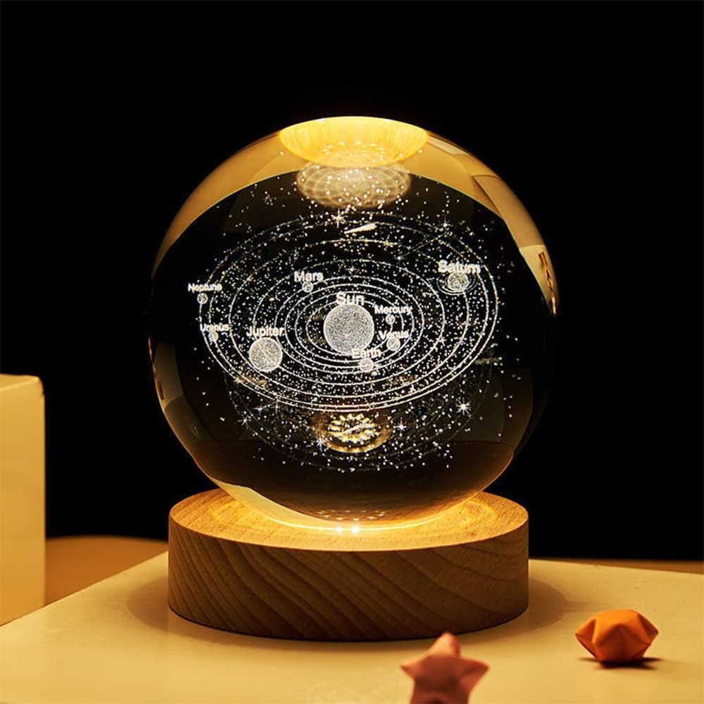 Cristal Ball  Night Lamp, Glass Ball Night LED Lamp With Wooden Base 3D Galaxy Solar System