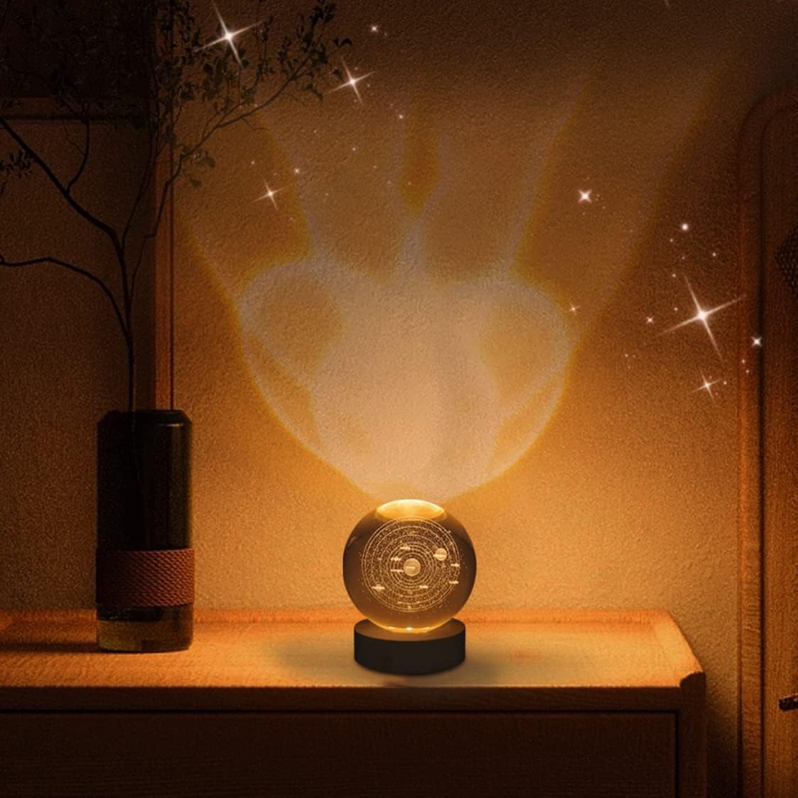Cristal Ball  Night Lamp, Glass Ball Night LED Lamp With Wooden Base 3D Galaxy Solar System
