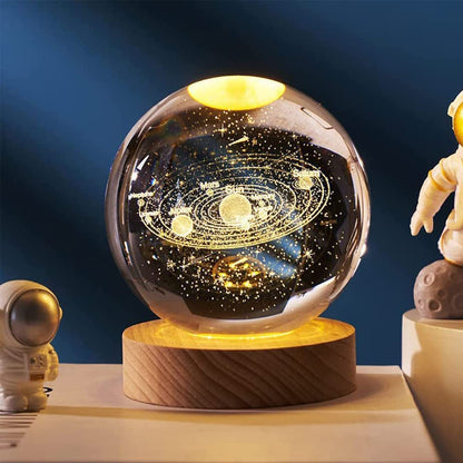 Glowing Crystal Ball 3D Inner Carved Small Crystal Ball Light with Wood Base, Decorative Creative