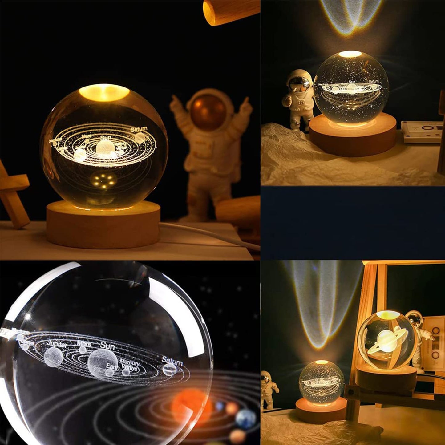 Glowing Crystal Ball 3D Inner Carved Small Crystal Ball Light with Wood Base, Decorative Creative