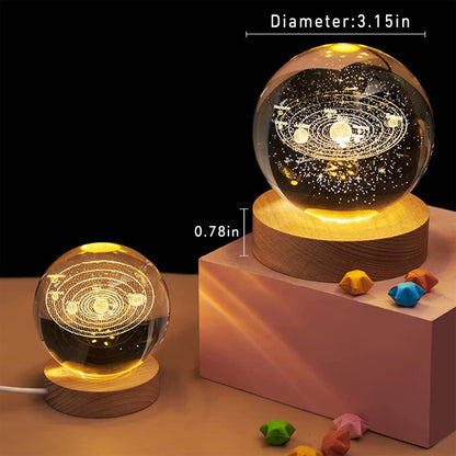 Glowing Crystal Ball 3D Inner Carved Small Crystal Ball Light with Wood Base, Decorative Creative
