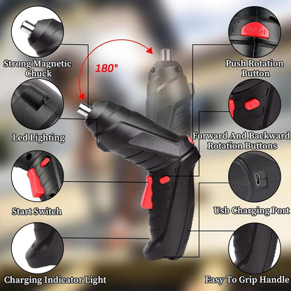 Electric Cordless Screwdriver Kit Set with USB Cable & Rechargeable Battery
