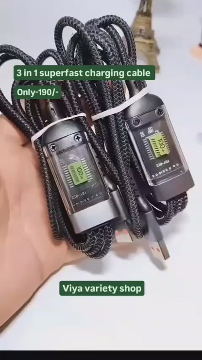 3in1 100W USB Cable Fast Charging Transparent Luminous 100watt Super Charging Cable LED Indicator