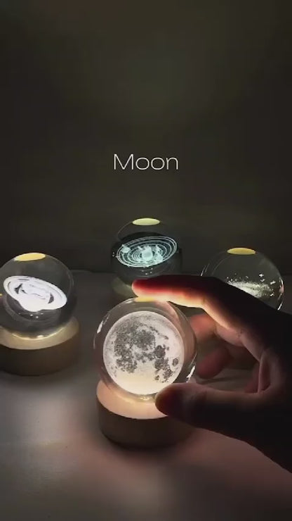 Cristal Ball  Night Lamp, Glass Ball Night LED Lamp With Wooden Base 3D Galaxy Solar System